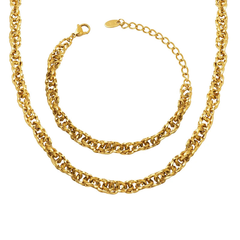 Vintage Interlocking Exaggerated Thick Chain Pendant Stainless Steel Geometric Hollow Necklace Bracelet Sets