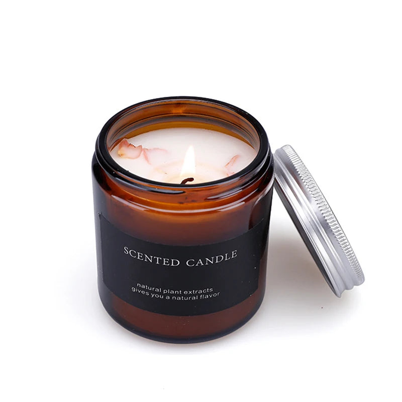 Factory Wholesale Luxury Novelty Decorative Fruit Scented Soy Wax Brown Glass Jar Aromatherapy Candles with Lid Holiday Weddi