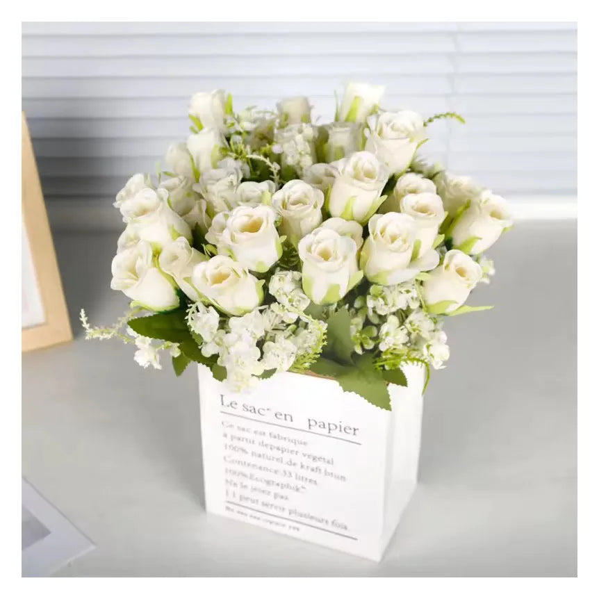 BH210429-4 Single Stem White 4 Heads Silk Flowers Arrangements Wedding Supplies Artificial Rose Floral Bouquet With Curl Edge