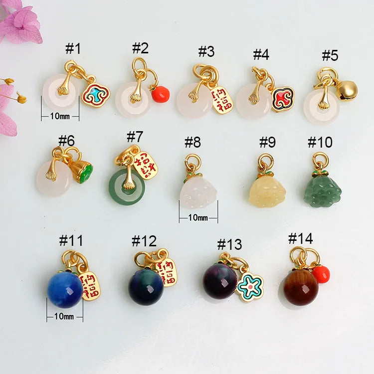 JS1660 Matte Gold Plated Brass Fortune Lucky Medal Charms with Gemstone Ball Jade Lotus Donut Double Charms for Bracelet Maki