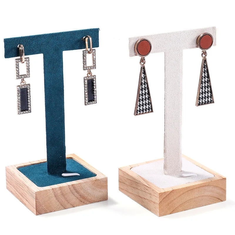 Custom Logo Simply Wooden Based PU Leather Velvet Earring T-Bar Jewelry Display Stand Tray Type George Packing QZ-DS-240303