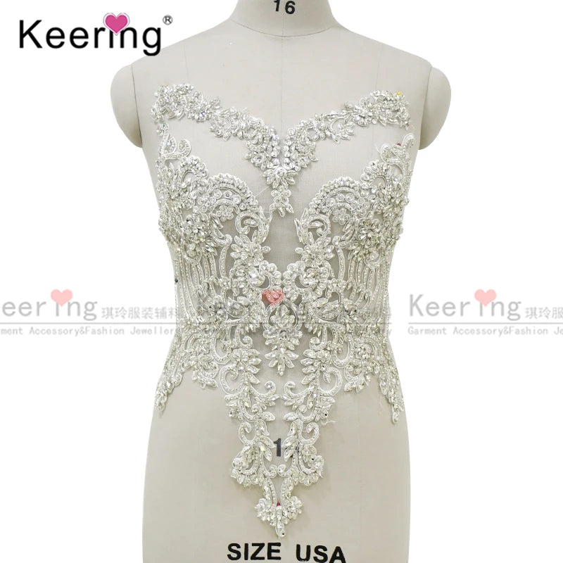 WDP-295  Fashion Silver/White Rhinestone Beaded Gown Applique Bodice Sash Applique for Party Dress