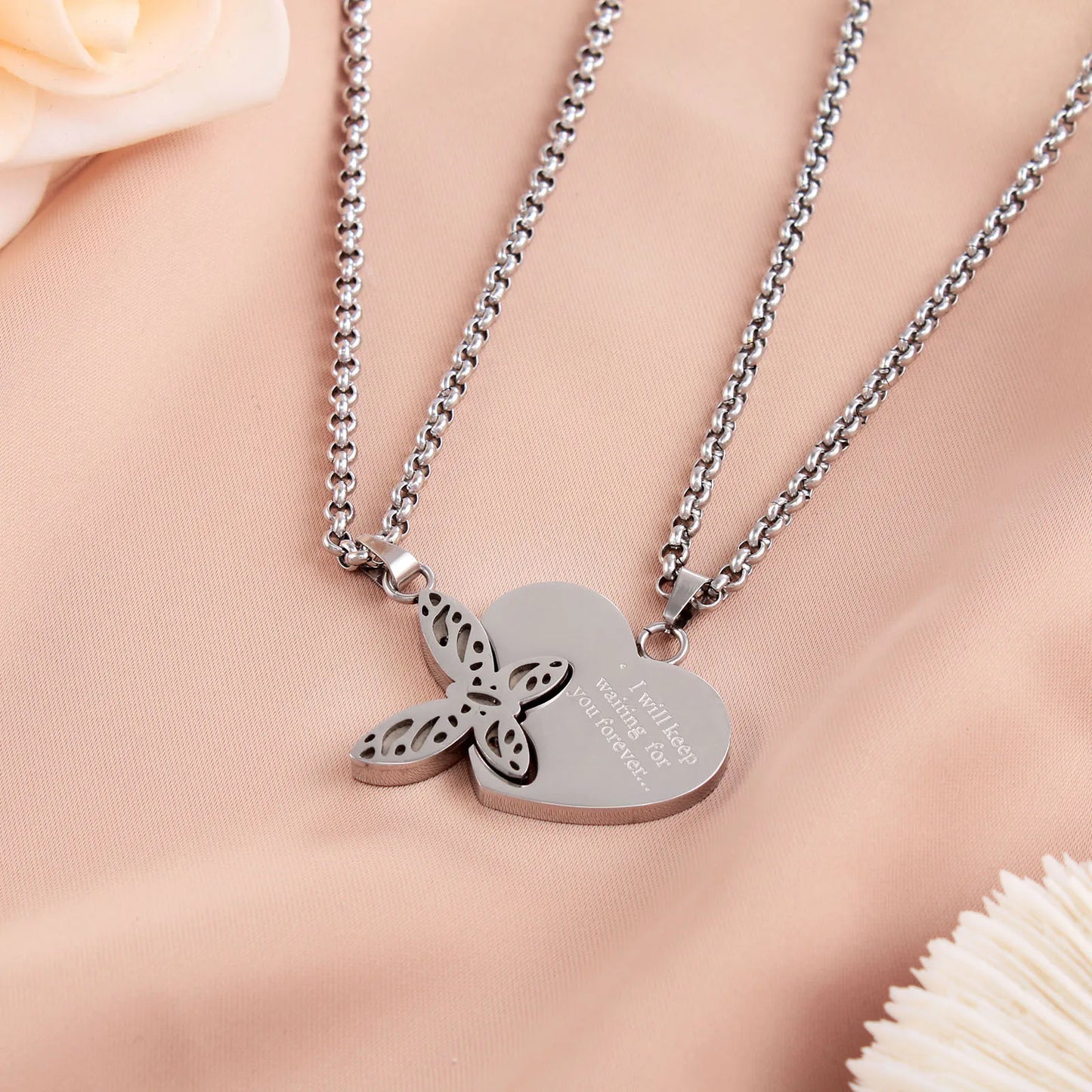 2 Pcs/Set Stainless Steel Couple Necklace Love Forever Engraved Puzzle Butterfly Heart Necklace for Couple Love Valentine's D