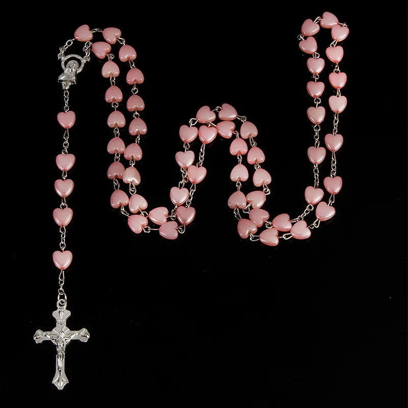 8mm Catholic Rosary Beads Jewelry Religious Heart Beads Artificial Pearl Rose Charm Cross Necklace for Mother's Day Gift