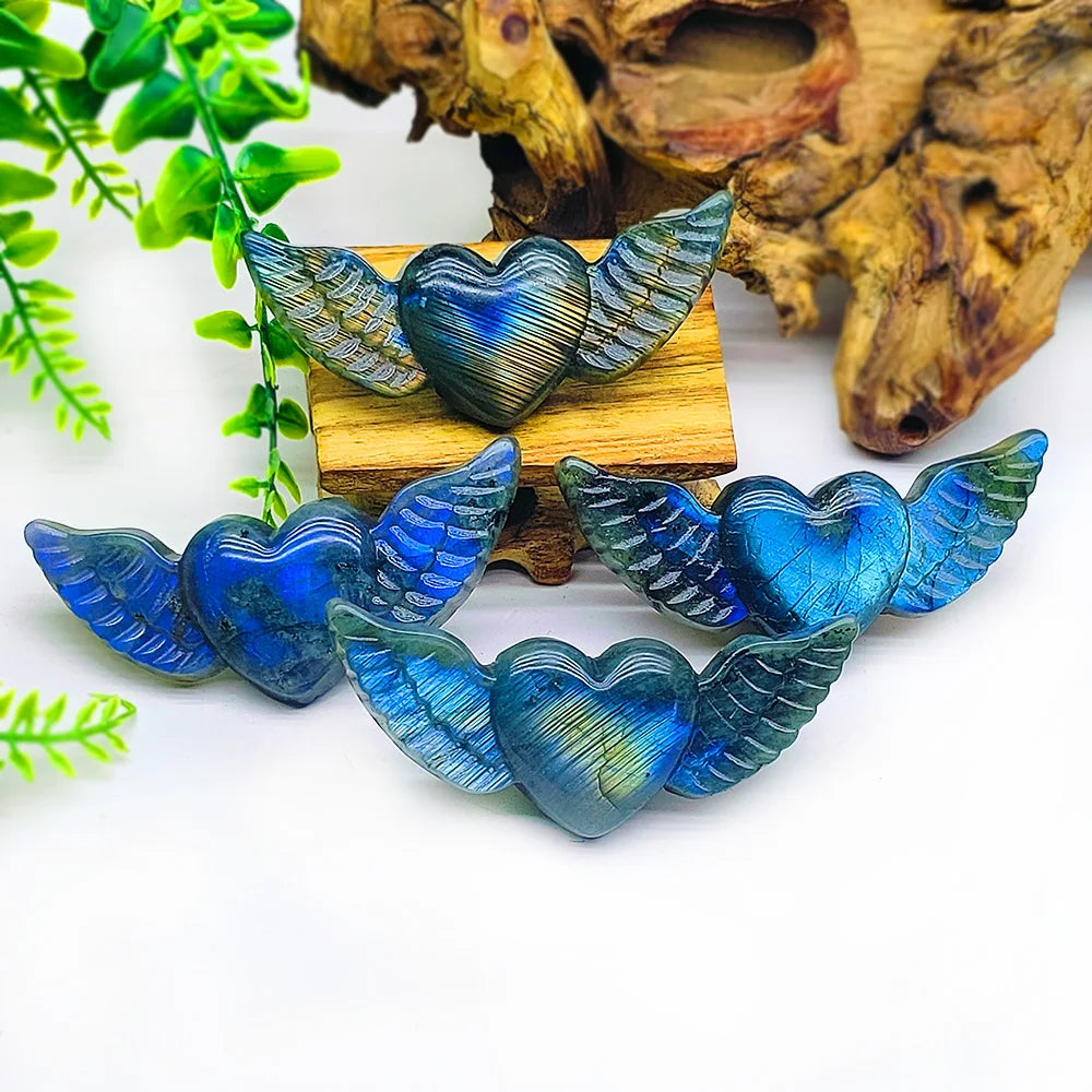 Polished Quartz Heart Gemstone Sculpture Wholesale Natural Charms Crystal Heart Shape Stone Wing Carving