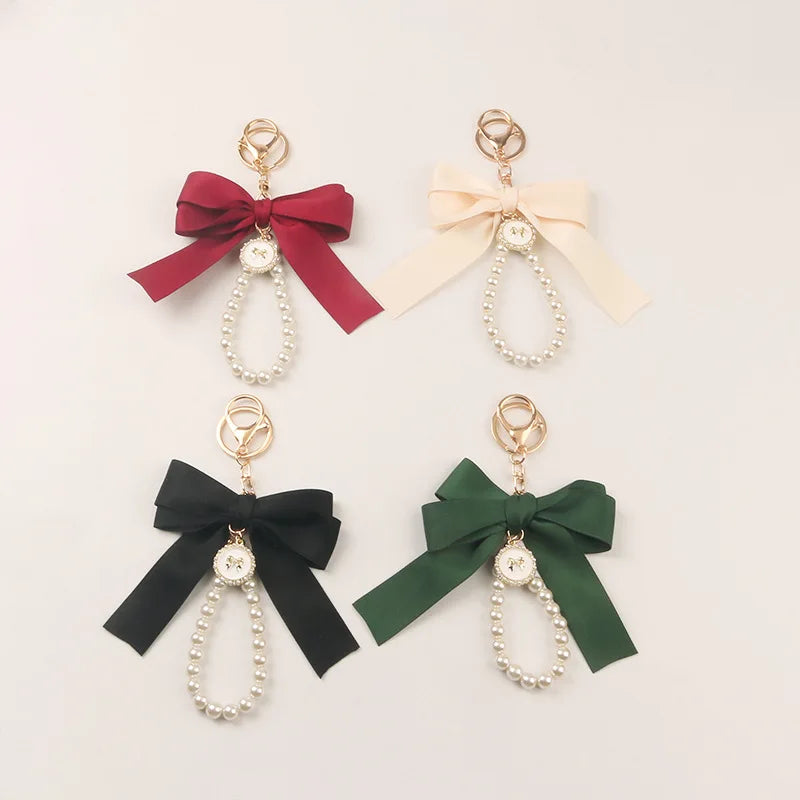 Cute Pearl Charm Keychain with Bow Ribbon Pearl Keychain Keyring for Girl Fashion Earphone case Bag Charm Decoration Accessor