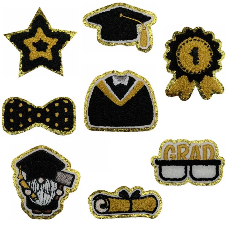 New  Iron on Gold Glitter Edge Grand  Chenille Patch for Student Clothing Bag