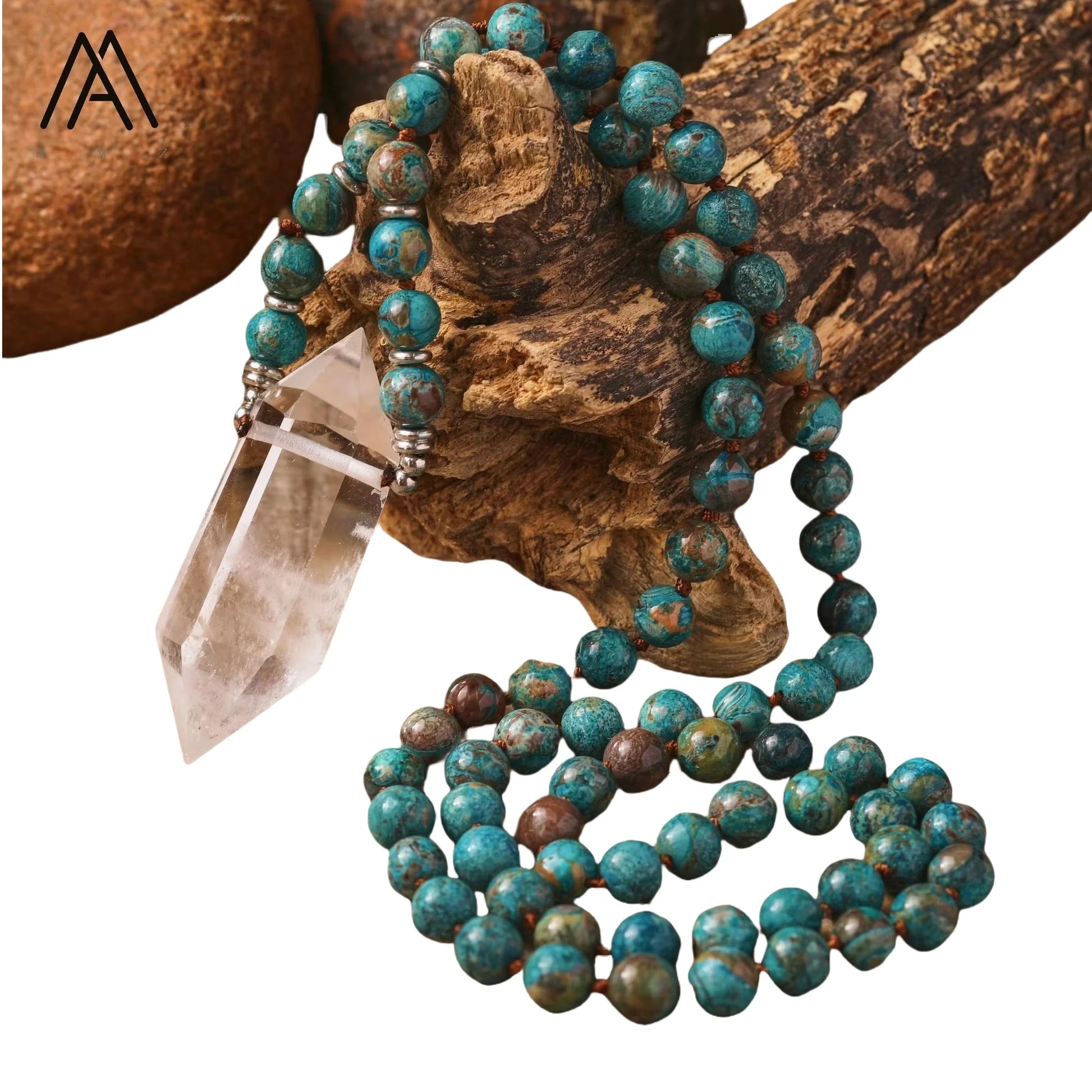 Ocean Agate Mala Necklace  Healing Crystal Double Point Pendant Knotted Necklace Yoga Jewelry Energy Gift