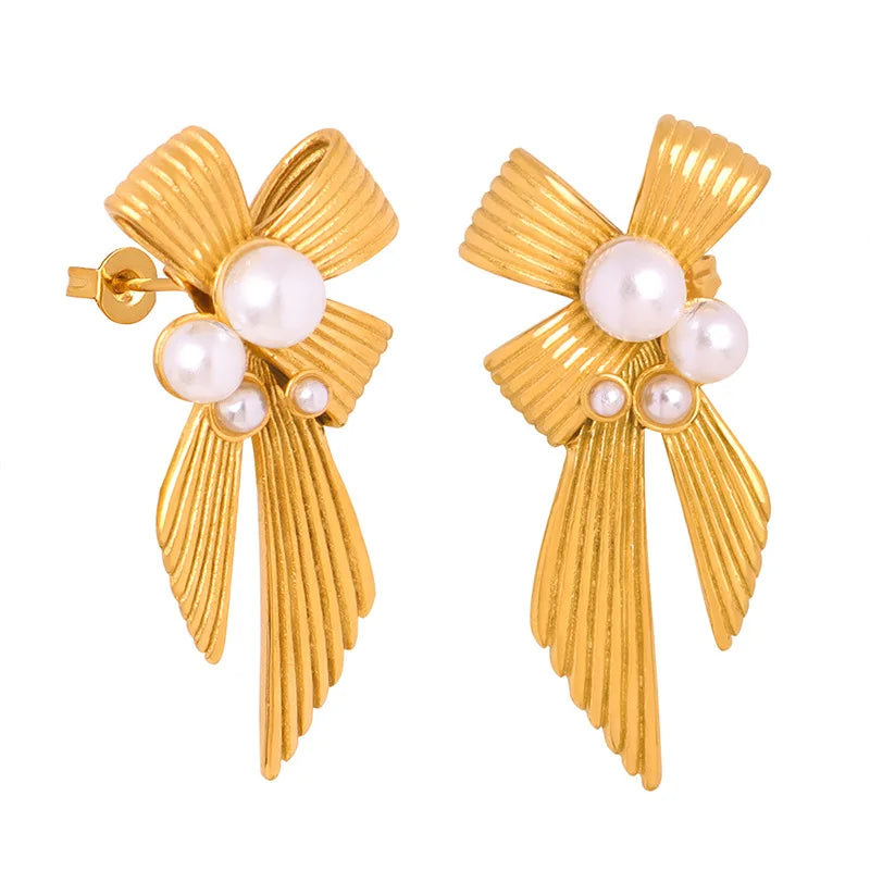 Fashion New Bow Stainless Steel Earrings 18k Gold Plated Waterproof Retro Pearl Earrings Women's Gift