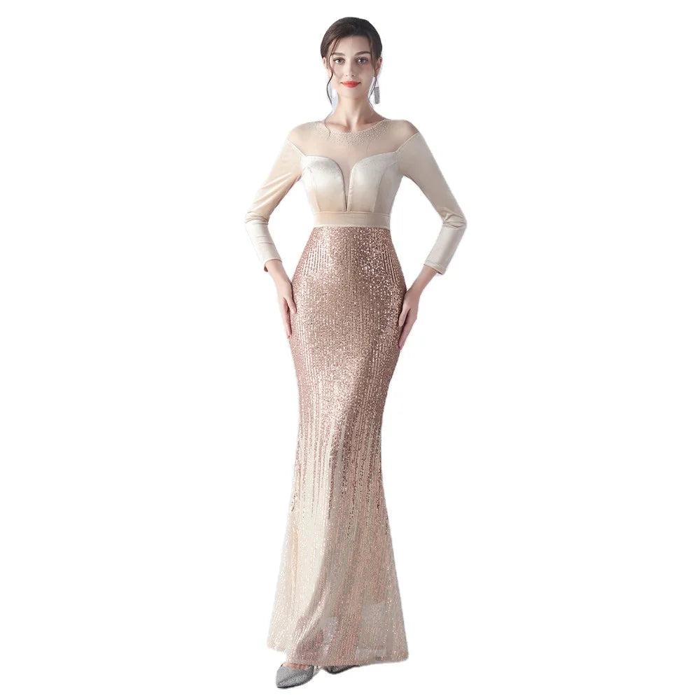 18291#  Woman High-end Atmosphere Elegant Banquet Annual Meeting Temperament Velvet Long-sleeved Evening Dress