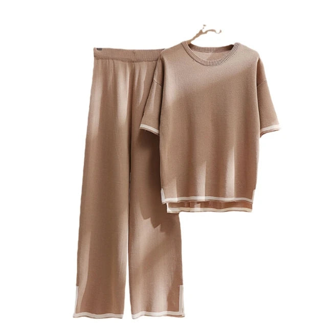 New Fashion Style Contrast Color Split Short Sleeve Knitwear High Waist Slim Wide Leg Pants Two Piece Set