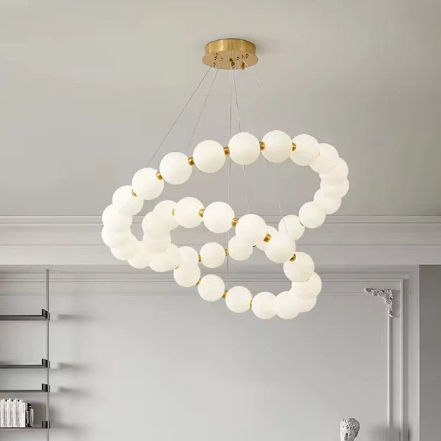 White Ball Beaded Design Pendant Light Duplex Villa Living Room Simple and Generous Glass Ball Chandelier