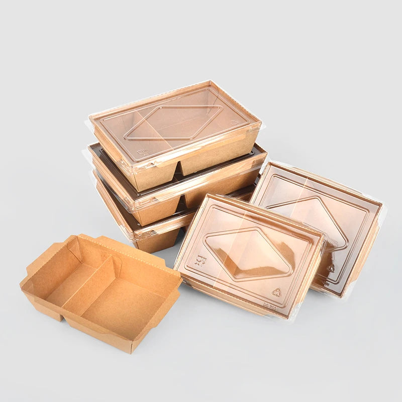 Wholesale Eco-friendly Disposable Kraft Paper Sushi Takeaway Box Matt Lamination Transparent PET Lids for Salad Bento Packagi