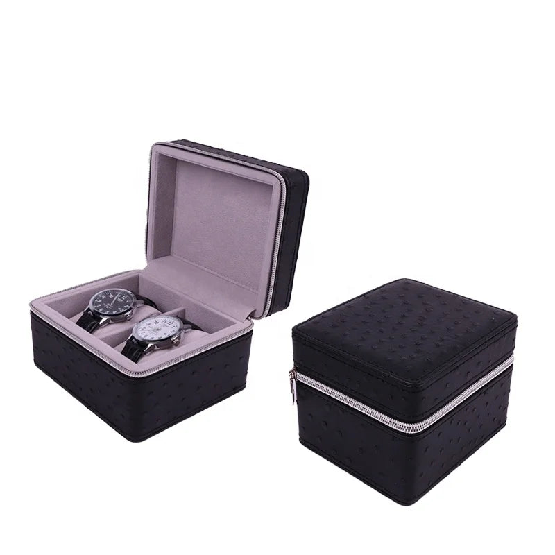 New Style Fashion Black Special PU Leatherette Watch Storage Organizer  Watch Boxes Case Luxury for Travel With Handle 2 Slot