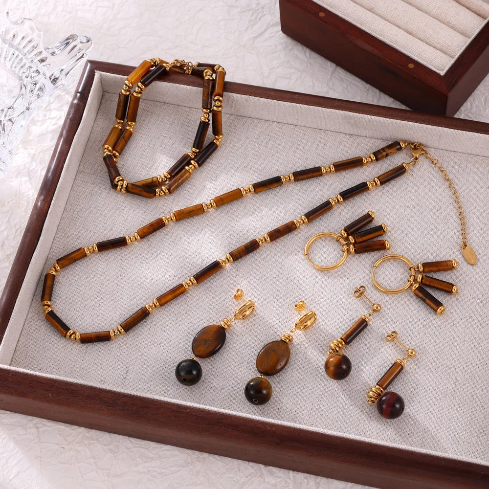 New Fashion Retro Brown Natural Stone Beaded Personalized Jewelry Necklace Earings Luxury Jewelry Set for Women