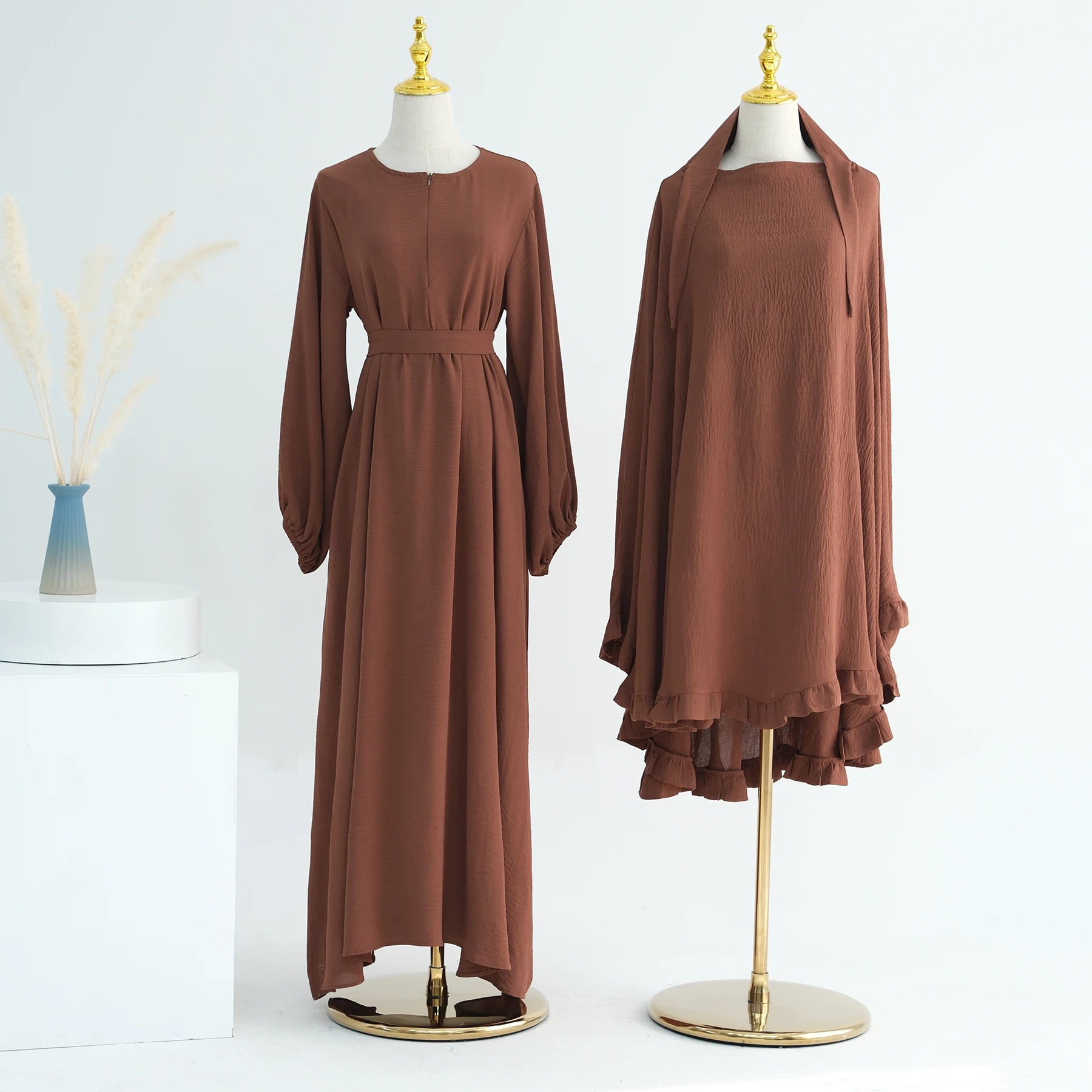Solid Dubai Modest Dress Suit 2-Piece Hijab Abaya Set for Adults Khimar Matching Abayas for Muslim Women for Eid Ramadan