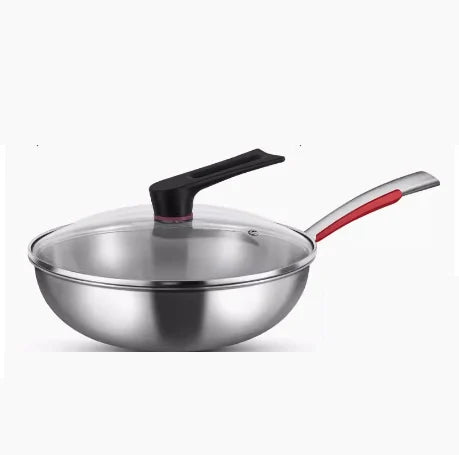 Stainless Steel Wok Pan With Glass Lid 32cm for Gas Stove and Induction Cooker