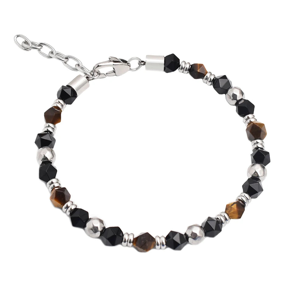 Fashion Faceted Black Agate Bead Bracelet for Men with Stainless Steel Adjustable Chain Bracelet Luxury Jewelry With Clasps