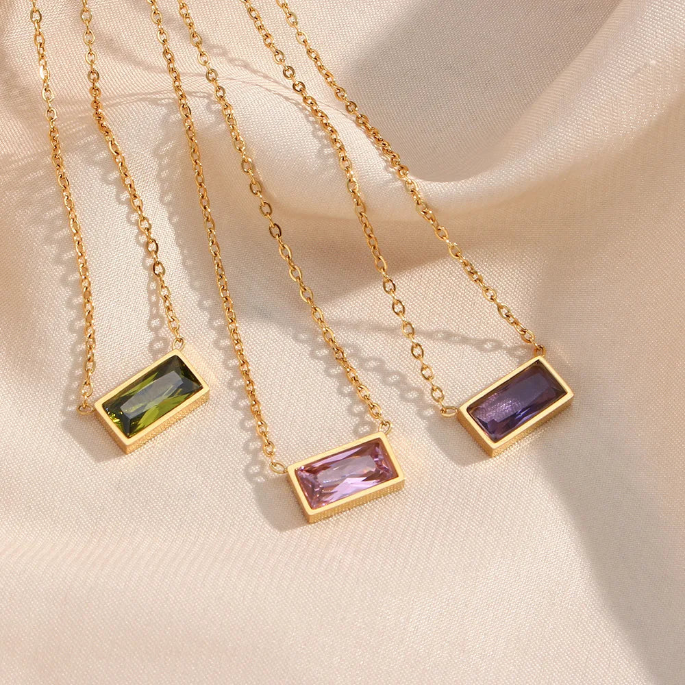 Temperament Shiny Zircon Choker Necklaces Water Proof Colorful Square Rhinestone Pendant Stainless Steel Chain Necklaces
