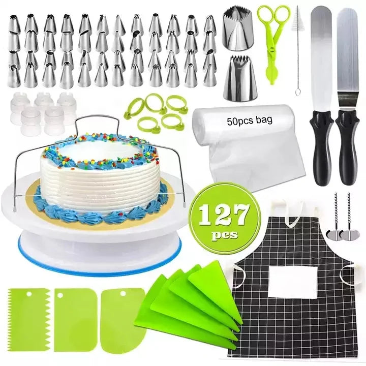 Best Selling 127 Pcs Baking Tools Custom Cake Supplies Tool Kit with Turntable Cotton Apron Icing Piping Cake Decoration