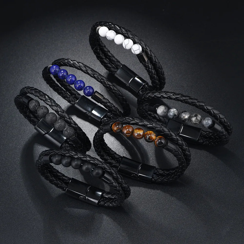 Vintage Double Layer Braided Leather Bracelets for Men Natural Stone Turquoise Tiger Eye Beads Bracelets With Magnetic Clasp