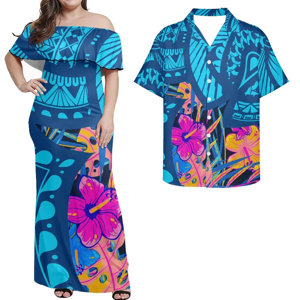 Custom Matchable Couple Hawaiian Luau Shirt Off Shoulder Maxi Simple Dress in Hibiscus Blue Polynesian Couple Matching Outfit