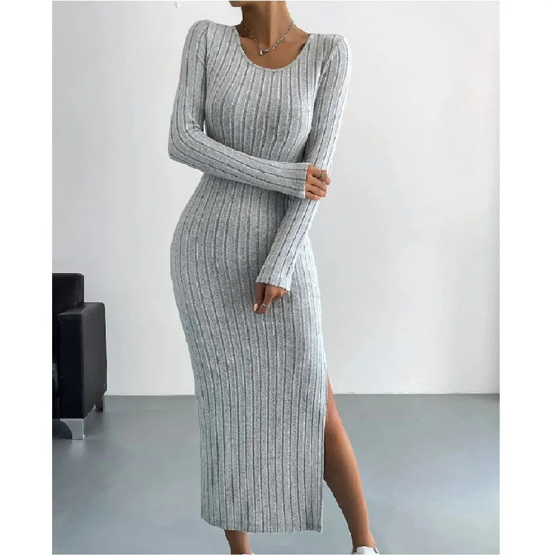 European American Popular 2024 Spring Summer New Long-sleeved Round Neck Slit Knitted Long Dress Women's Casual Slim Style