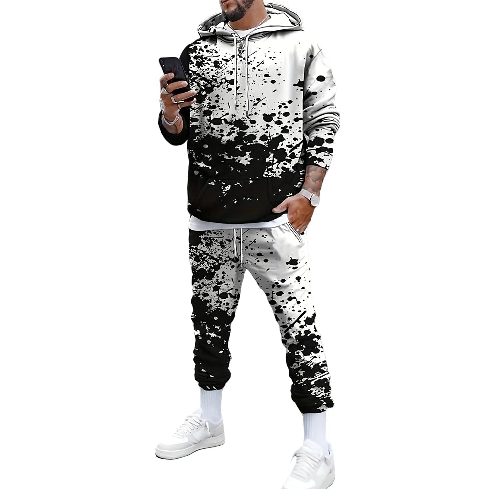High-quality Wholesale Paint Splatter 3D Printing Casual Hooded Long-Sleeve Sportswear and Sportswear Two-Piece Men's Clothin