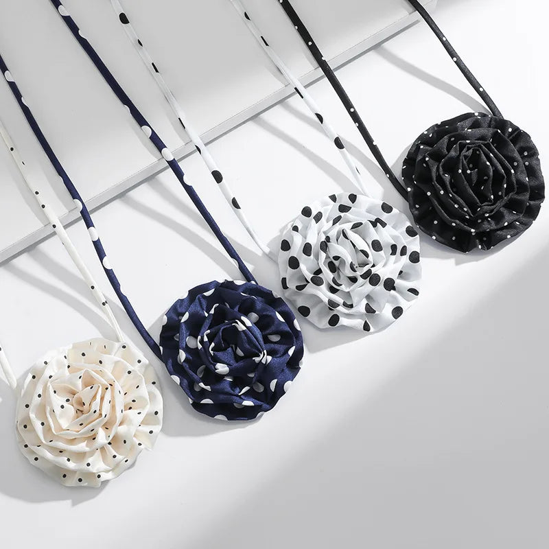 2024 Summer Handmade Chiffon Rose Flower Choker Polka Dot Flower Bow Statement Necklaces for Women Jewelry