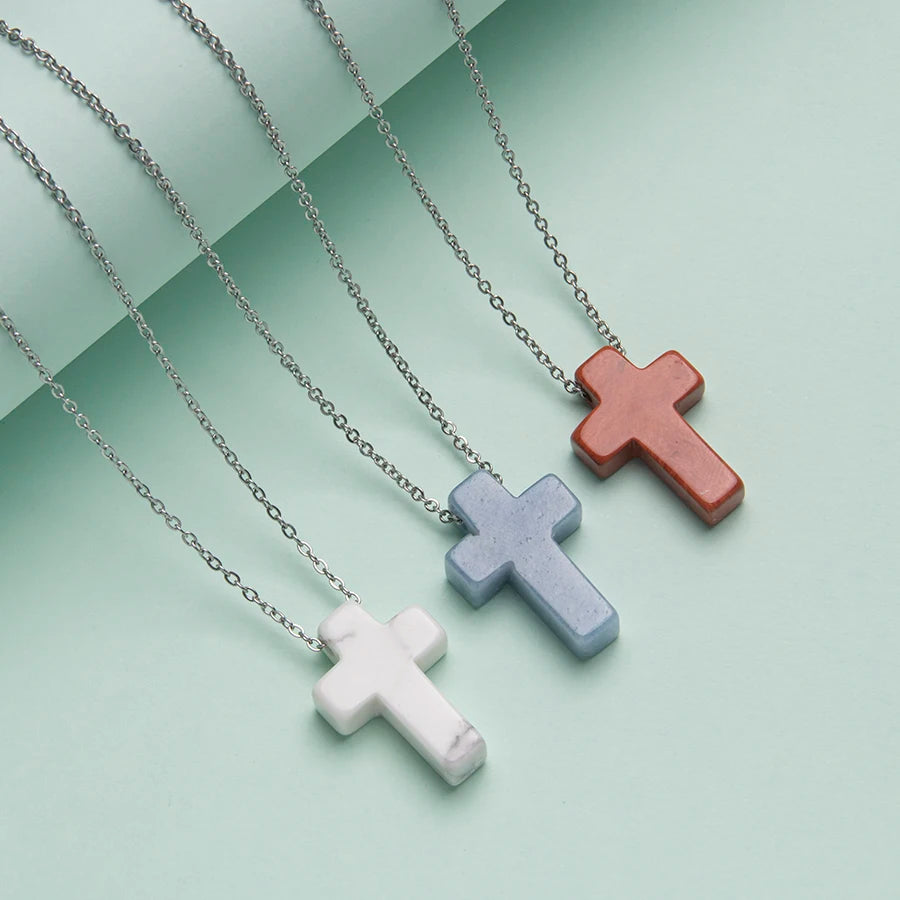Natural Crystal Stone Cross Pendant Mixed Color Rose Quartz Crystal Stone Pendant Necklace Gemstone Jewelry