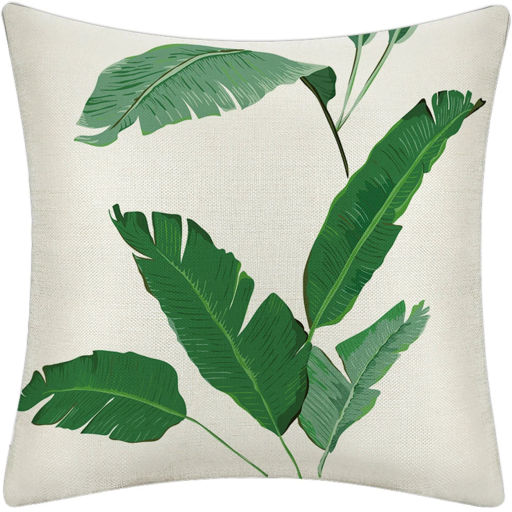 Green Leaves Square Throw Pillow Decorative Linen Cushion Cover for Couch Living Room Bedroom Decorative Pillowcase