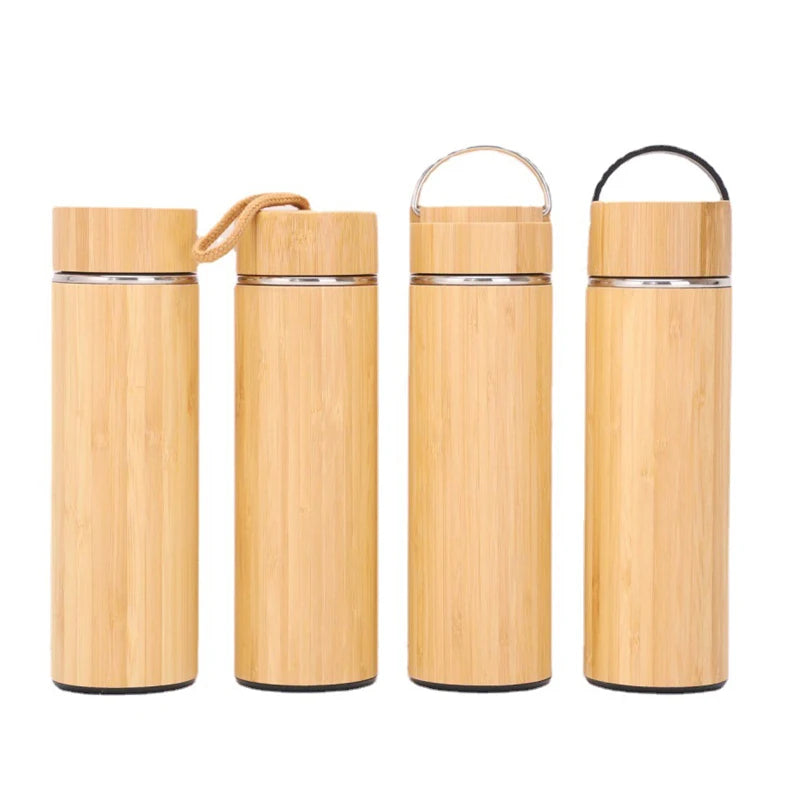 Premium Bamboo Stainless Steel Vacuum Insulated Thermo Bottle 500ml Double Walled Coffee Tea Infuser Tumbler Flask with Handl