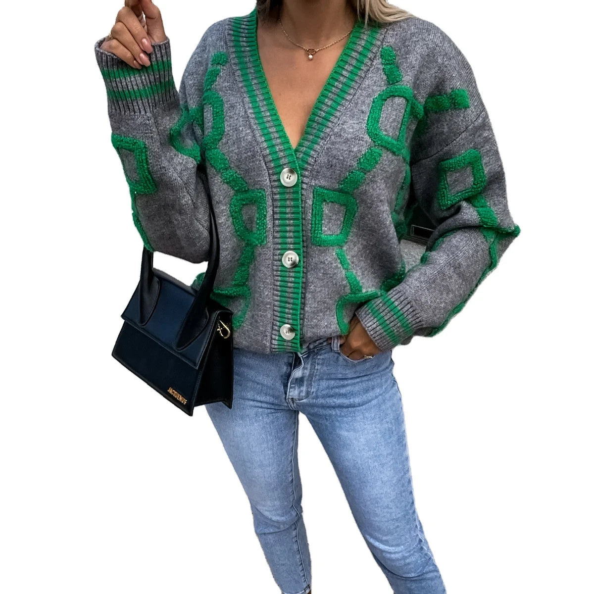 Women's Long Loose V-Neck Plaid Knitted Cardigan New Spring/Autumn Casual Sweater Coat Single Breasted Closure Made of Polyes