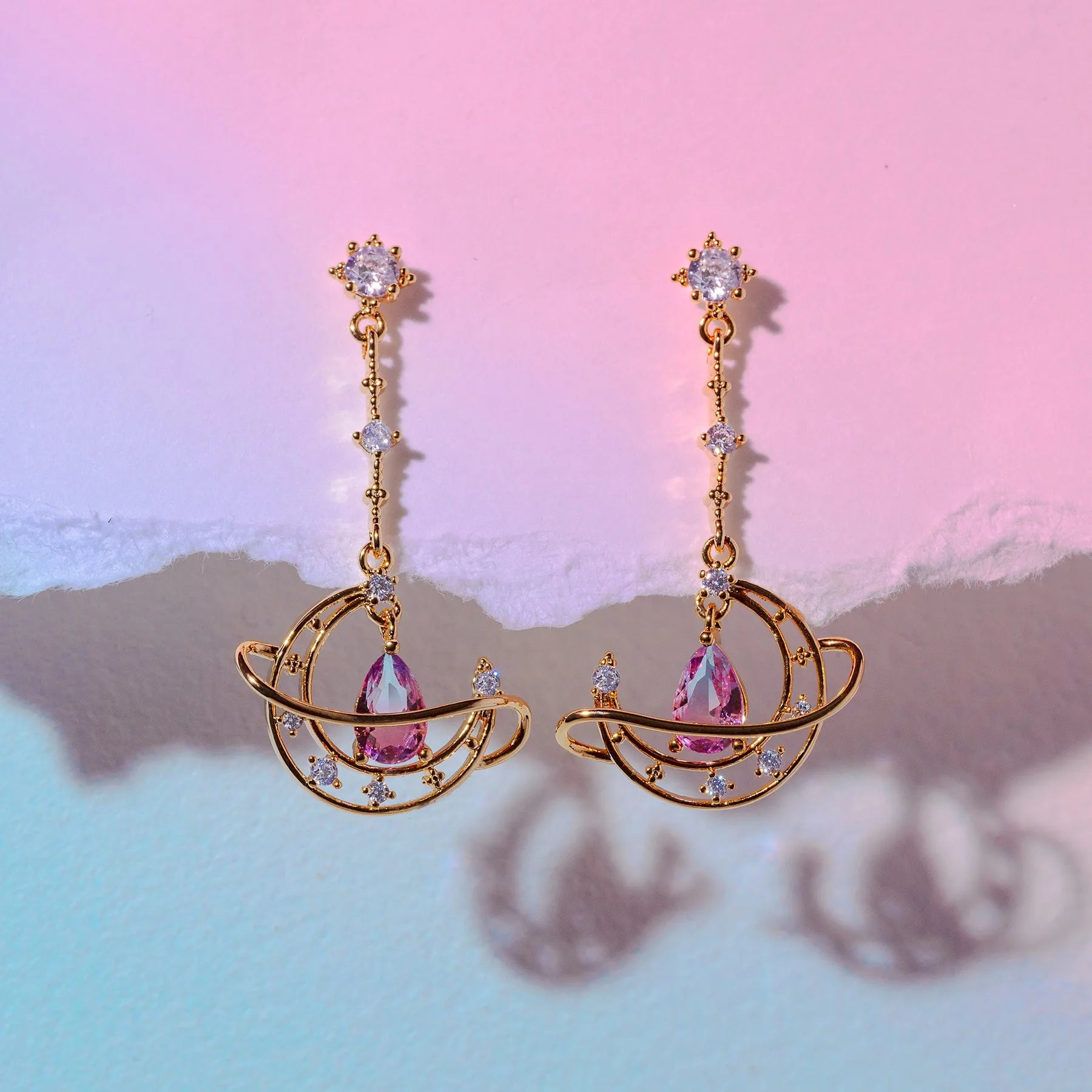 Wholesale Selling Moon Diamonds Gemstone Earrings Long Pink Water Brass Earrings Women Rhinestone Oendant Drop Earrings for G