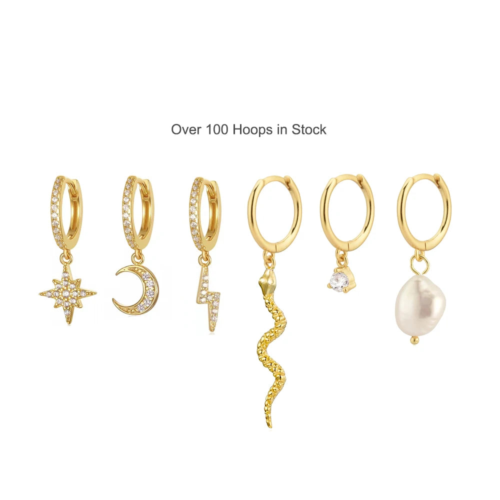 925 Sterling Silver Women's Fashion Earrings Cute Minimalist Gold-Plated Moon Star Hoop Huggies Trendy Jewelry with Zircon St