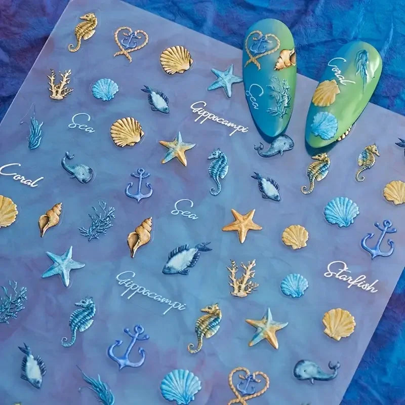 Embossed Marine Life Design Nail Uv Sticker Seashell Nail Art Decals Ocean Theme Nail Spa Supplies