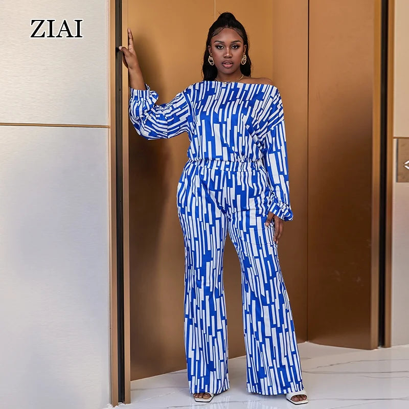 Plus Size Women's Clothing Striped Printing Oblique Long Sleeve Shoulder Loose Fashion Casual Suit for Women