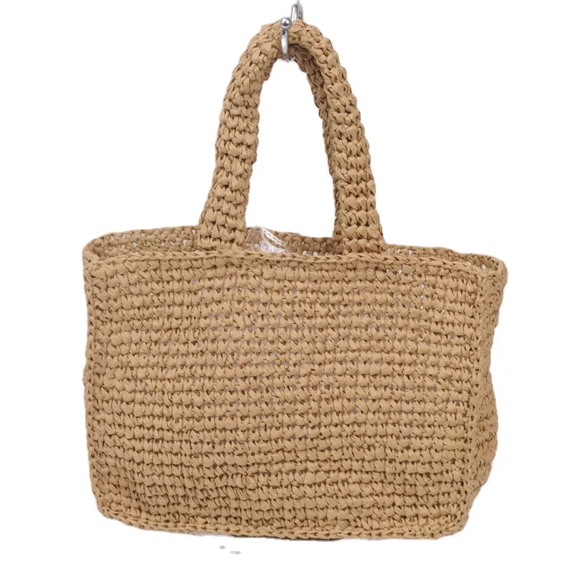 Portable Outdoor Solid Paper Rope Crochet Bag Two Open Summer Casual Ladies Handbag Vacation Simple Beach Bag