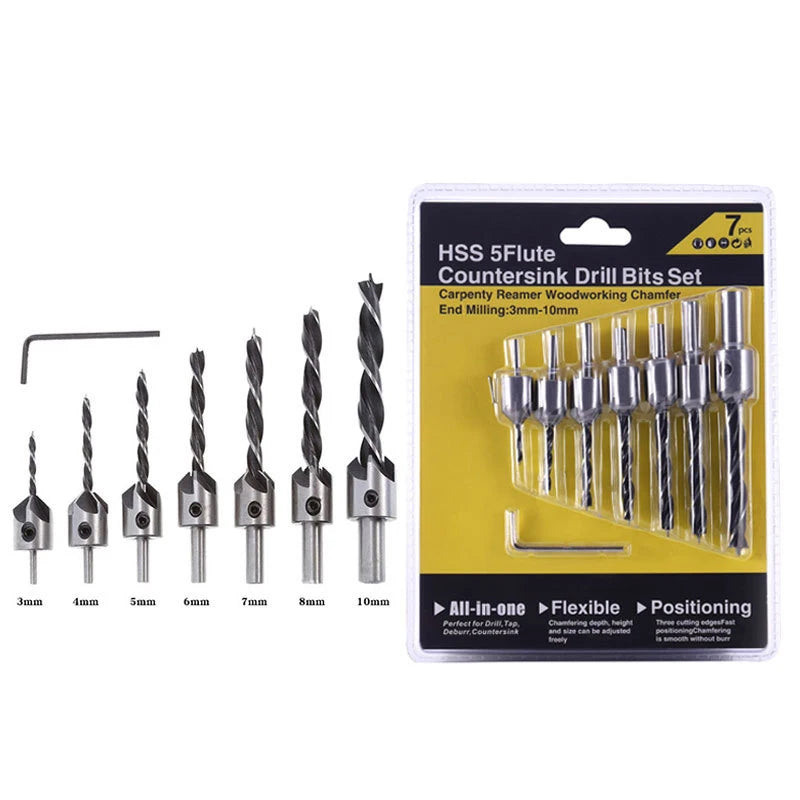 7pcs Three-point Woodworking Countersunk Drill Reaming Drill Bit 3-10mm Woodworking Countersunk Hole Guide Drill Bit