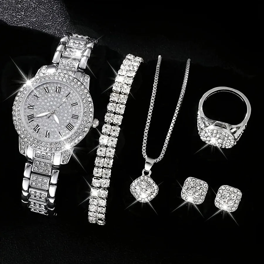 Quartz Watch Crystal Chain Set Earrings Jewellery Bracelet Fashion Necklace Stainless Steel Ring Combo Jewelry for Women