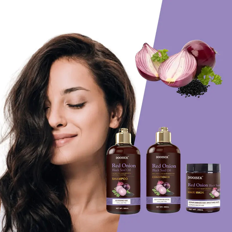 Private Label Hair Care Organic Vegan Sulfate Free Anti Hair Loss Red Onion Black Seed Oil Hair Shampoo and Conditioner Set