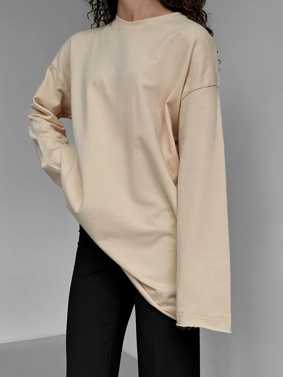 Enyami Spring Autumn Cozy Chic Casual Oversize Tee Pure Cotton Solid Color Long Sleeve Fashion Women Shirts