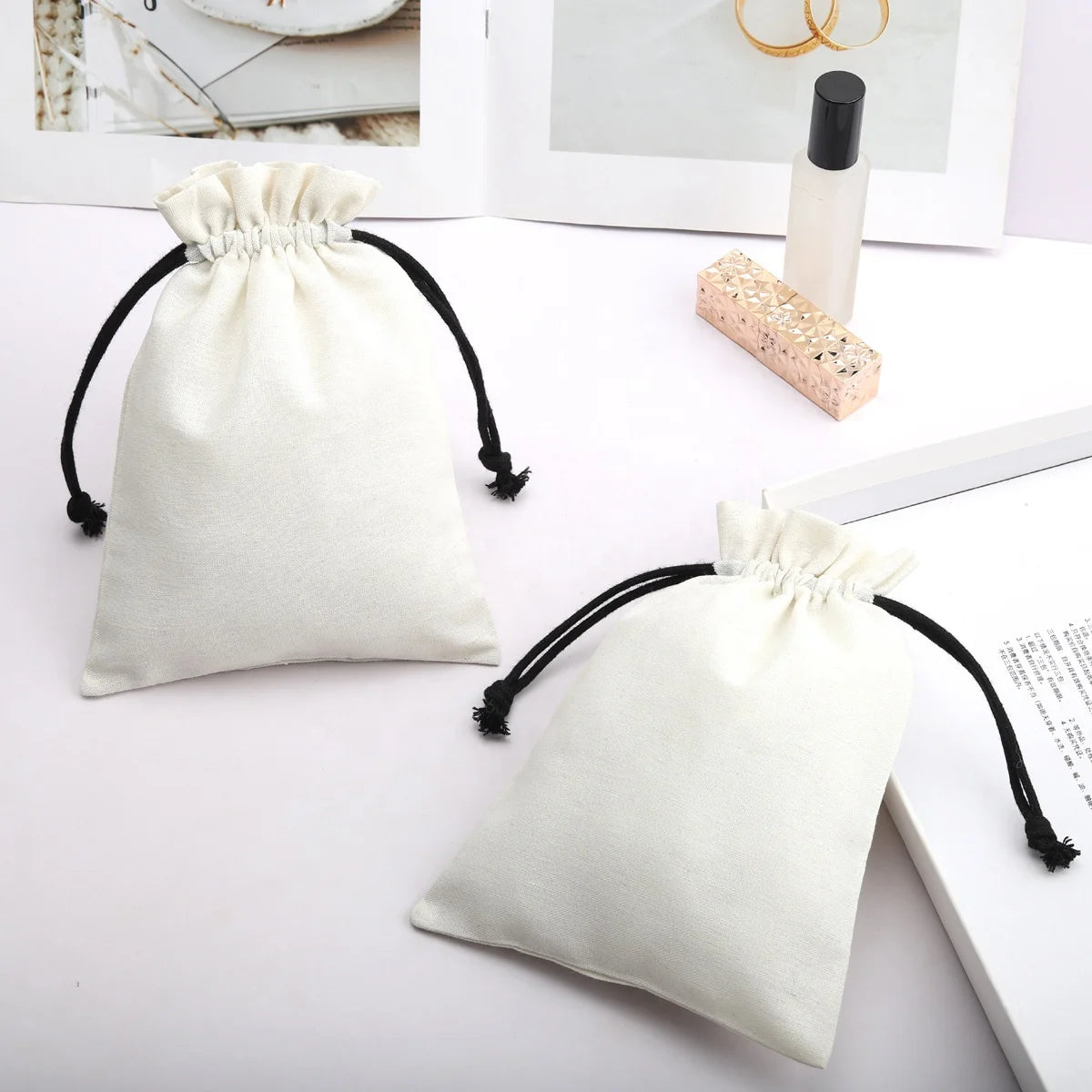 Eco-Friendly Float White 8Oz Canvas Gift Comb Bag Hight Quality Mirror Cosmetic Jewelry Packing Drawstring Cotton Canvas Pouc