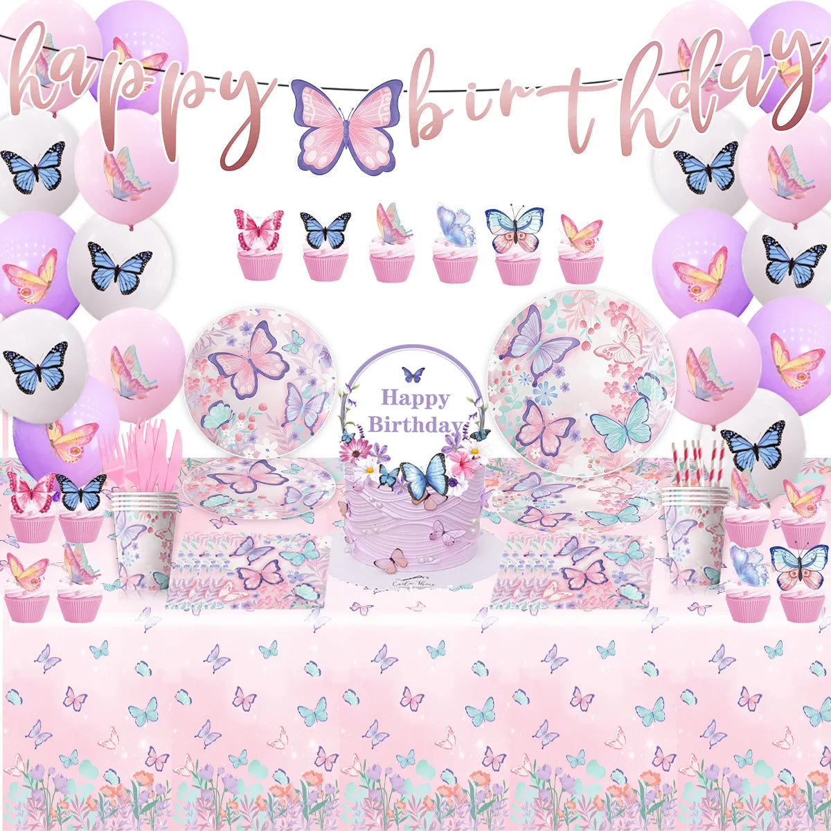 Disposable Paper Plates Paper Towels Paper Cups Party Decoration Supplies Set Purple butterfly Theme Birthday Party