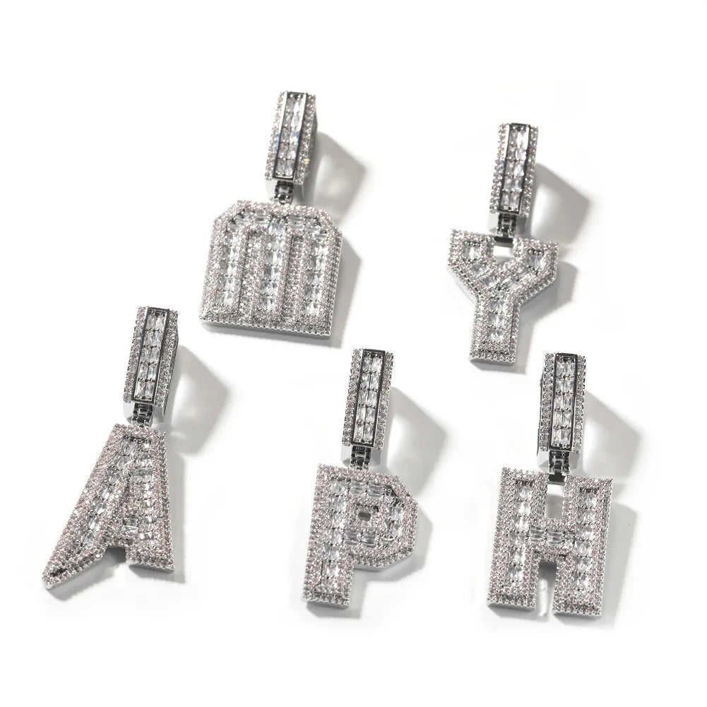 Wholesale Custom Diamond Bold Baguette Cluster Alphabet Initials Nameplate Necklace Metal Brass Ice Out CZ Rope Chain for Gif