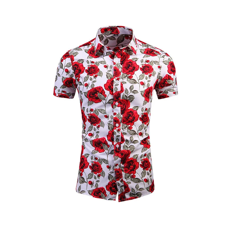 RNSHANGER Summer White Printed Short Sleeved Shirt for Men Hawaii Rose Flower Shirts Hawaiian Vacation Beach Male Shirts