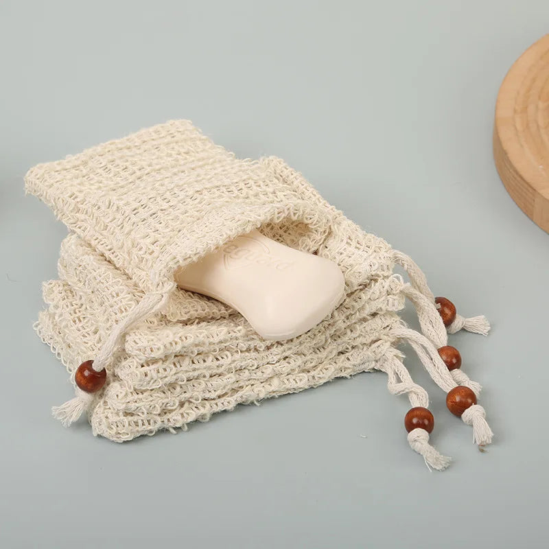 Custom Logo Reusable Cotton Sisal Net Soap Net Bag Organic Exfoliating Soap Mesh Drawstring Pouch Drying Shower Soap Saver Ba
