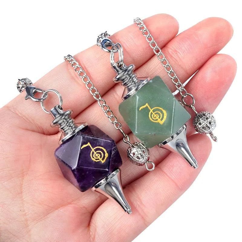 Engraved Pendulums Reiki Hexagon Octagon Energy Healing Power Peace Prosperity Divine Gemstone Cho Ku Rei Symbol Pendulum Gif