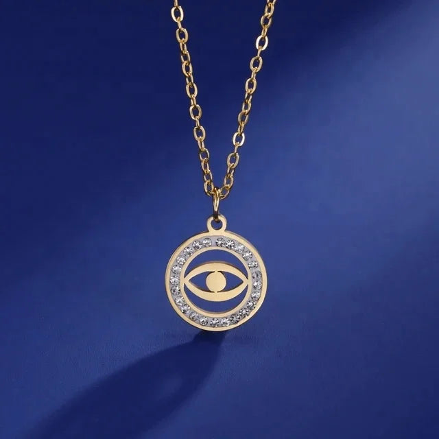 Lucky Evil Eye Clear Zircon Round Pendant Necklace Women Choker Turkish Stainless Steel Jewelry Gift
