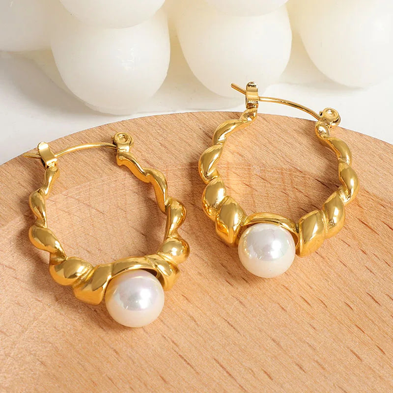 Wholesale Bohemia 18K Gold Plated Stainless Steel Pearl Dangle Stud Hoop Earrings Mother Of Pearl Stud Earrings